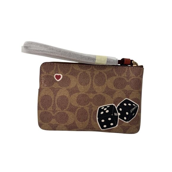 NWT Coach Lucky Dice Zip Wristlet Strawberry Dinosaur Signature Tan Stickers $88 - Picture 1 of 7